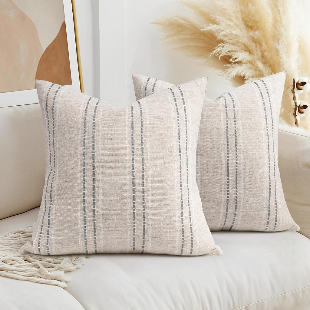 AELS 20x20 Decorative Farmhouse Linen Throw Pillow Covers, Boho Textured Pillow Case, Set of 2, Beige with White & Gray Stitch Yarn Dyed Stripe Cushion Cover for Sofa Couch Living Room (Cover ONLY)