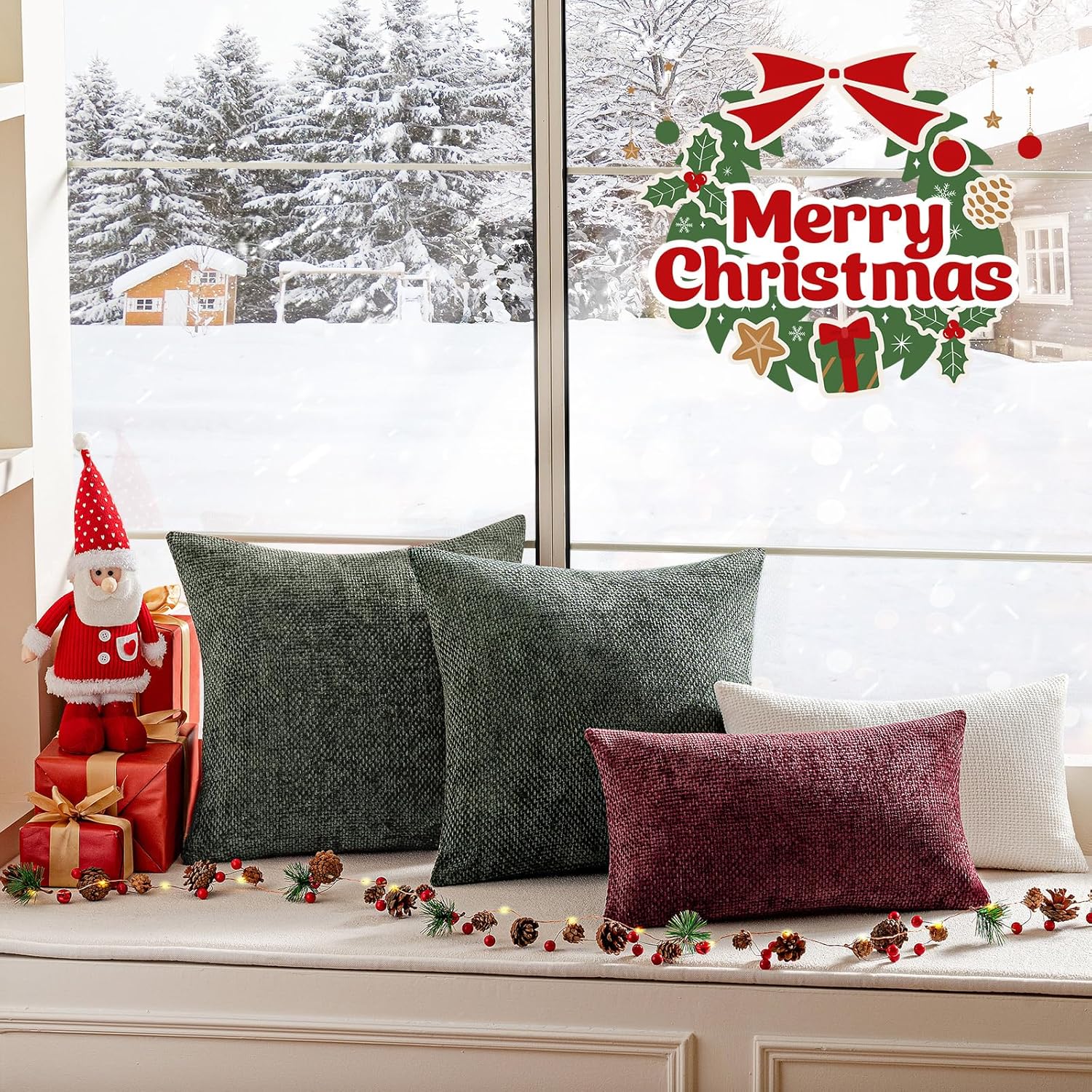 a moment Christmas Dark Green Chenille Throw Pillow Covers 16x16 Inch Pack of 2 Modern Decorative Throw Pillow Covers Farmhouse Cross Covers Home Decor for Sofa Bedroom Living Room