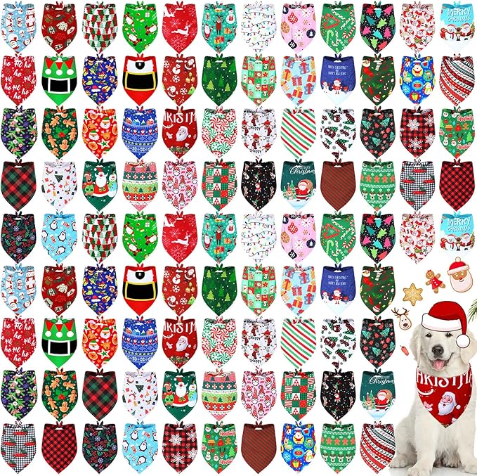 Newwiee 100 Pieces Christmas Dog Bandanas Bulk for Dogs Holiday Triangle Bibs Scarf Xmas Soft Breathable Large Dog Christmas Santa Scarf Accessories for Dog Pet Puppy Cat