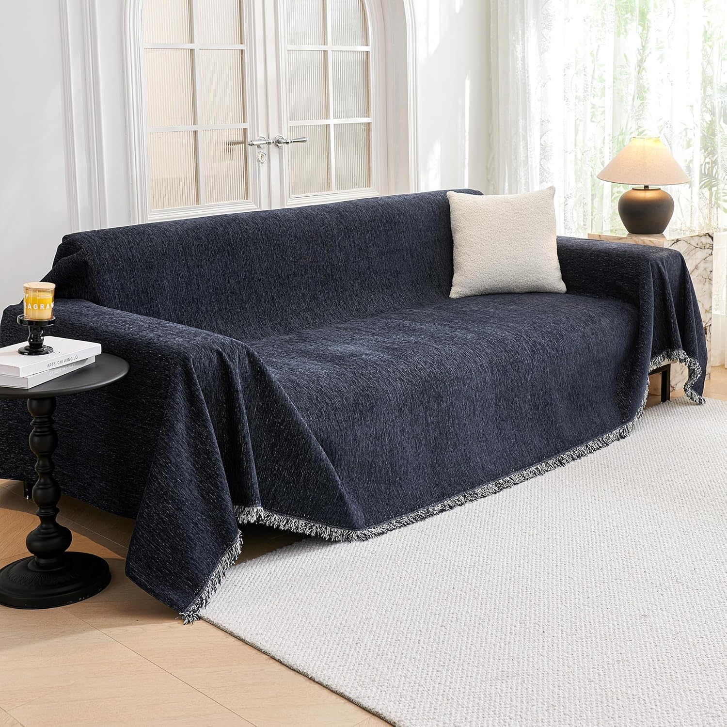MYSKY HOME Couch Cover for Dogs, Washable Couch Covers, Non Slip Dogs Furniture Protector with Tassels, Chenille, Navy Blue, 71"x102"