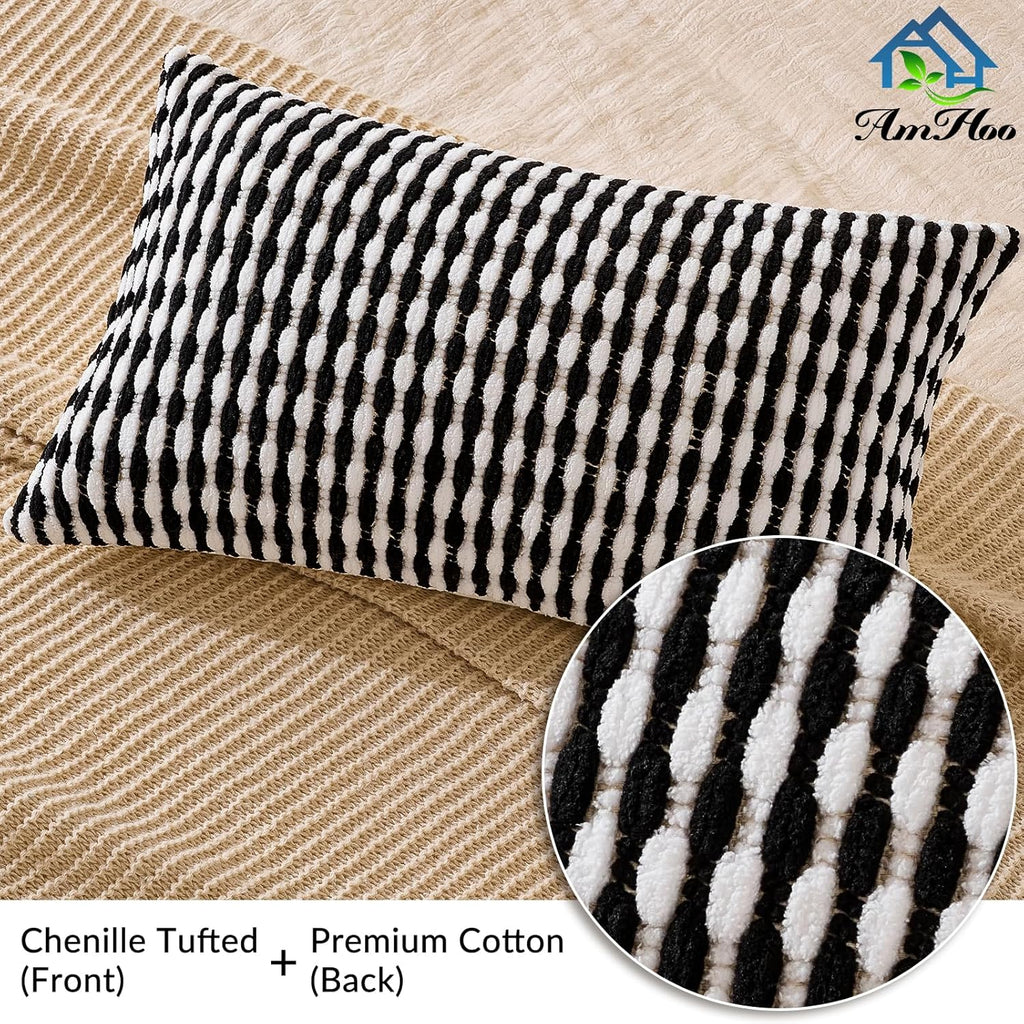 AmHoo Set of 2 Boho Chenille Pillow Cover Decorative Tufted Pillowcase for Couch Bed Sofa Bedroom Living Room Modern 12 x 20-Inch Black