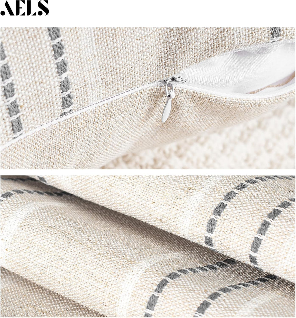 AELS 24x24 Decorative Farmhouse Linen Throw Pillow Covers, Boho Textured Pillow Case, Set of 2, Beige with White & Gray Stripe Patchwork Cushion Cover for Sofa Couch Living Room (Cover ONLY)