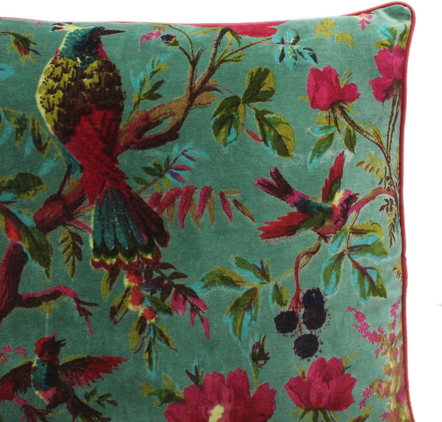Eyes of India Velvet Floral Flower Bird Throw Pillow Sofa Cushion Cover Case Couch Colorful Boho Chic Bohemian Accent Indian Handmade (Green, 16" x 16")