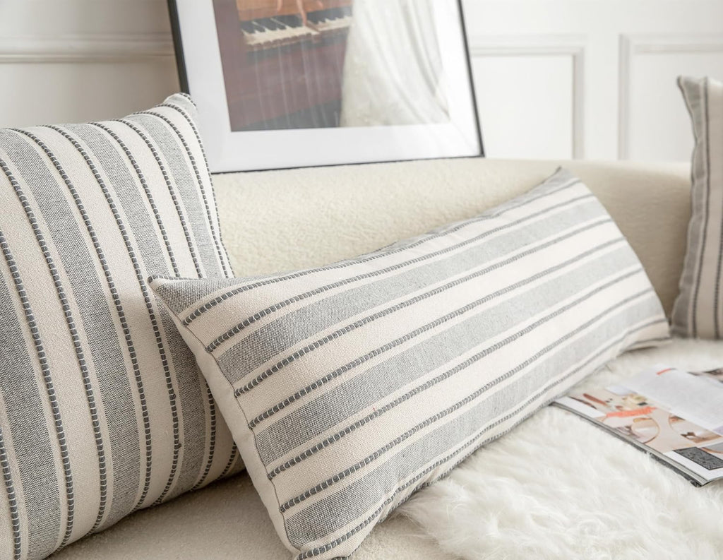 Decorative Boho Lumbar Pillow Covers, Modern Farmhouse Couch Pillowcase, 14 x 36 Long Accent Body Throw Pillow Covers, Sofa Bed Living Room Decor Cushion Case, Grey and Beige, Pack of 1