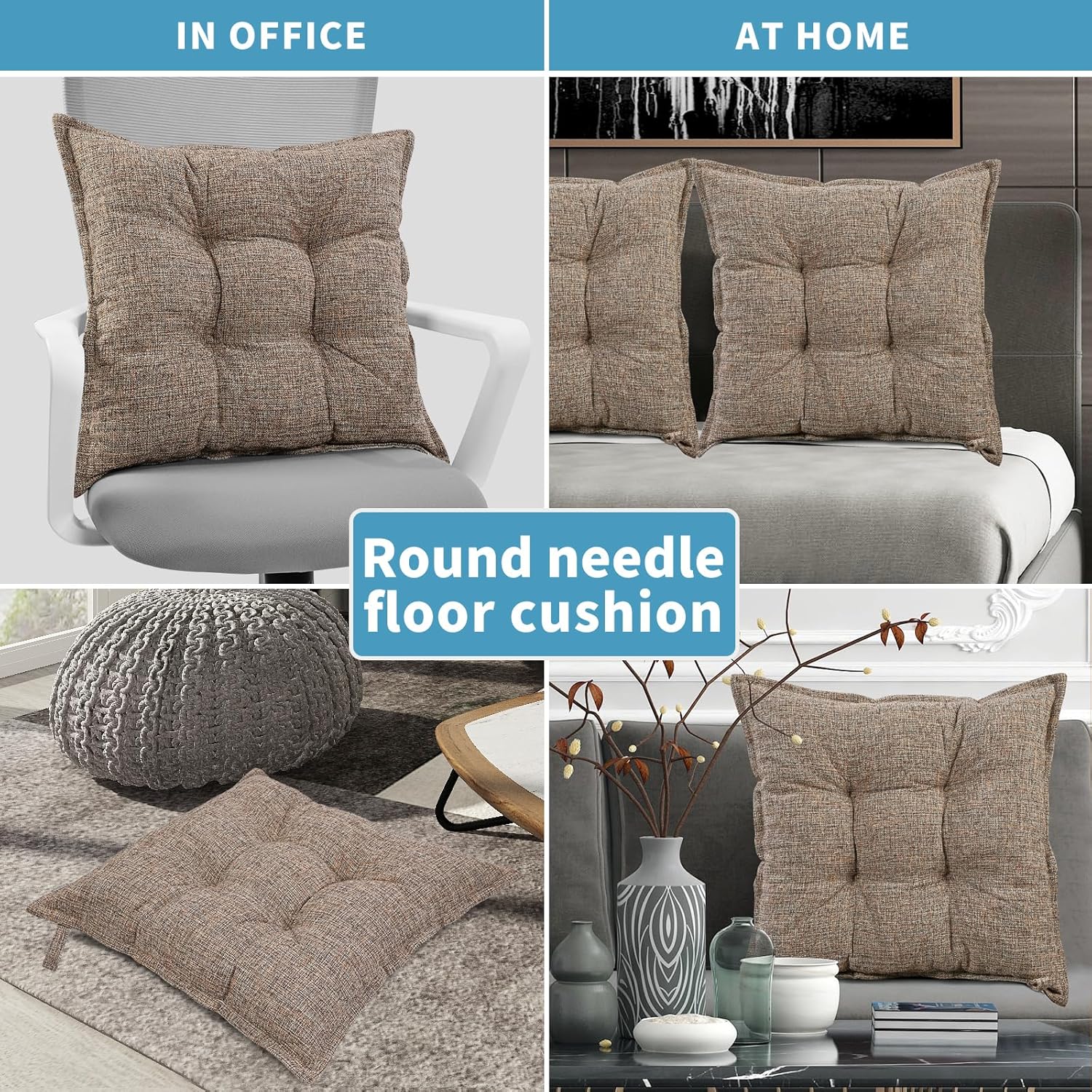 SINSOSSO Large Floor Pillow 22", Thickened Bite-Size Memory Foam Square Non-Slip Cushion for Office Back Support/Indoor Yoga/Chair Seat, Fashionable Color-blocked Fabric & Washable, Light Brown, 1 PCS