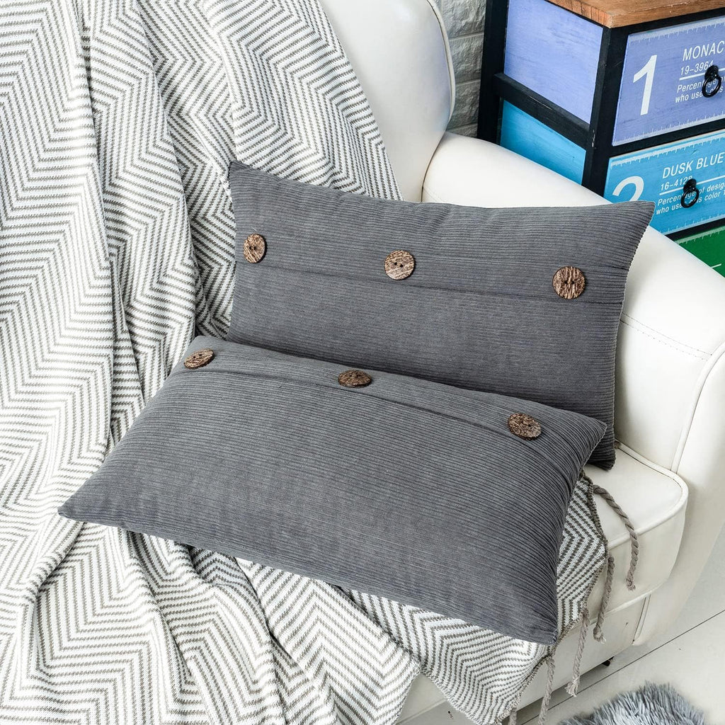 HWY 50 Gray Grey Chenille Throw Pillow Covers 12x20 Inch with Triple Buttons, Soft Farmhouse Accent Decorative Cushion Cases for Couch Sofa Bed Living Room Pack of 2 Rectangle