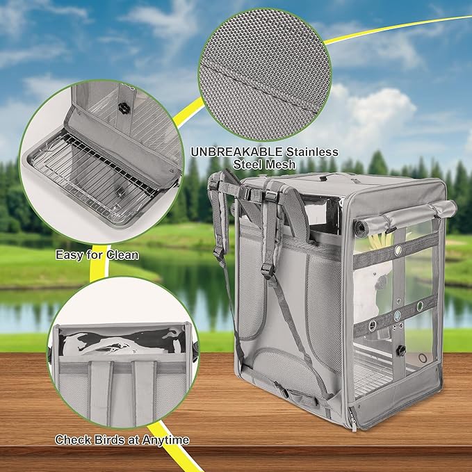 Suertree Bird Carrier Travel Cage, Cockatoo Carrier, Parrot Travel Backpack with Unbreakable Stainless Steel Mesh, Perch, Water Bottle and Food Bowl, X-Large Grey