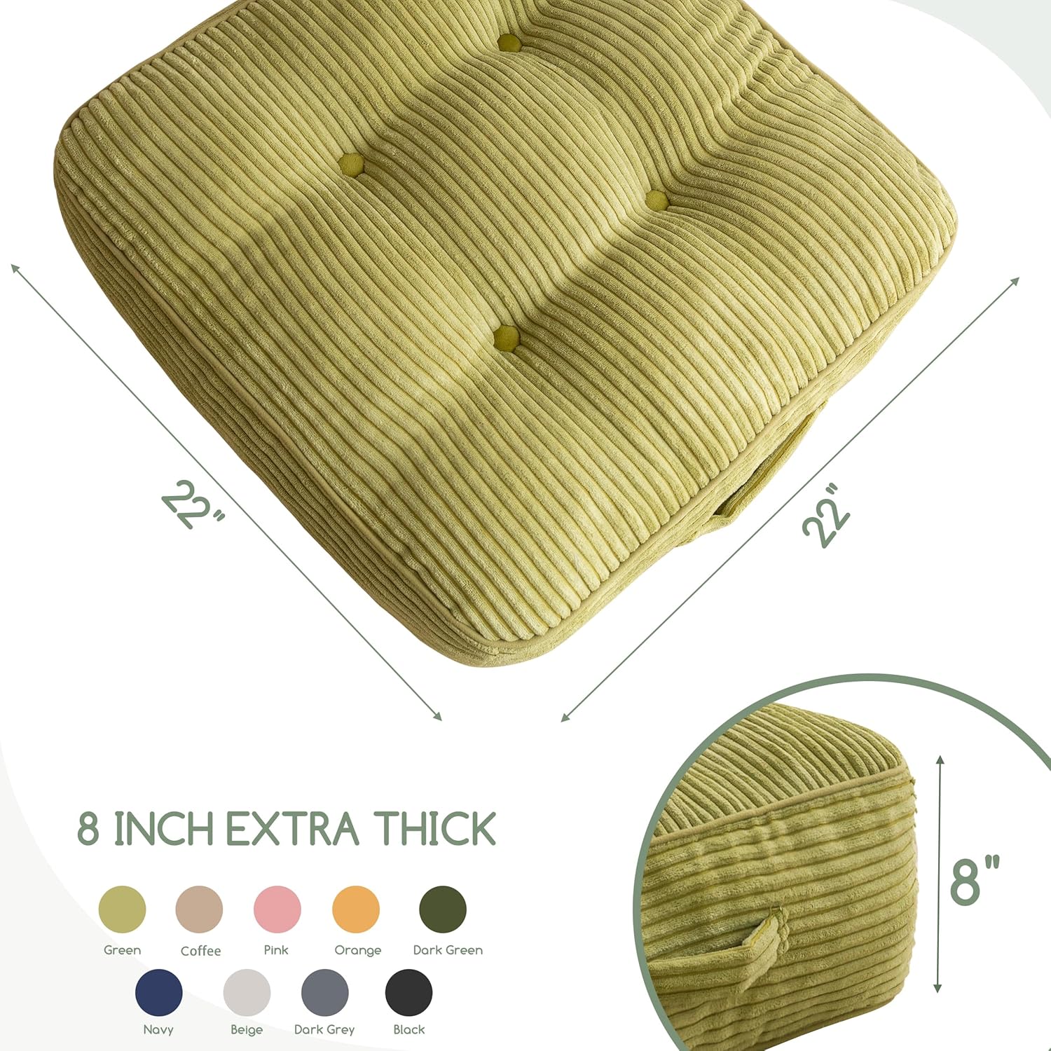 8" Washable Floor Pillow Cushion for Adults, Meditation Cushion Pillow, Large Square Floor Sitting, Removable Tufted Corduroy Cover, for Tatami Living Room or Yoga, 22x22 Inch, Machine Washable