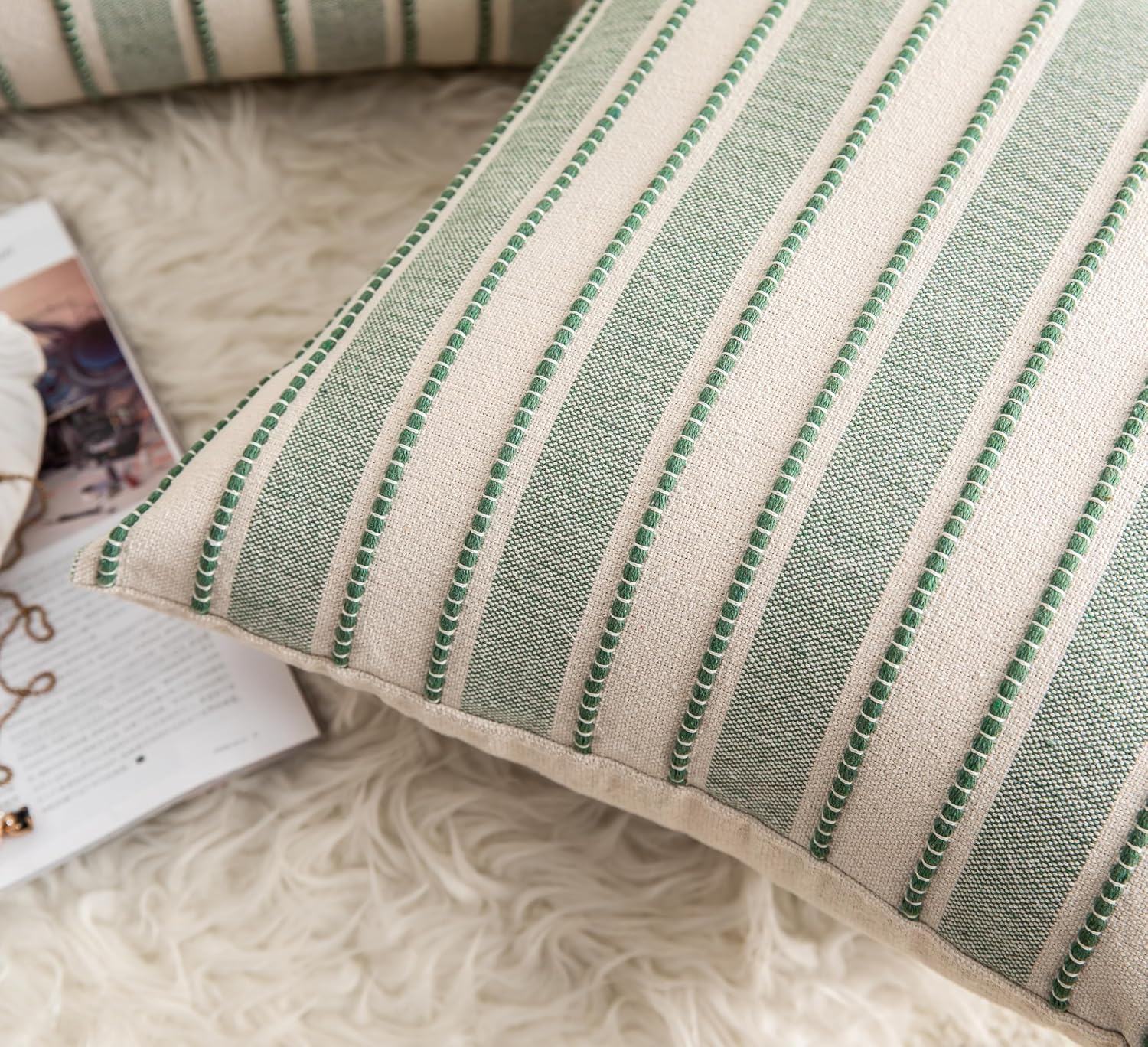 Decorative Boho Throw Pillow Covers, Farmhouse Textured Pillow Case, 22 x 22 Inch Set of 2, Chair Sofa Bedroom Living Room Home Decor Couch Cushion Case, Green and Beige Striped