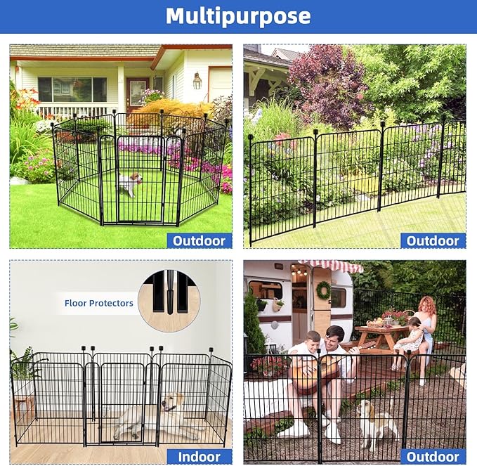 ADAVIN Tall Garden Fence 48 in(H) 12 Panels Total 26.6 FT(L), Heavy Duty Iron Metal Fence and Border, Flower Bed Fencing, outdoor Animal Barrier Fences, Dog Fences with gate for the Yard Camping,Black