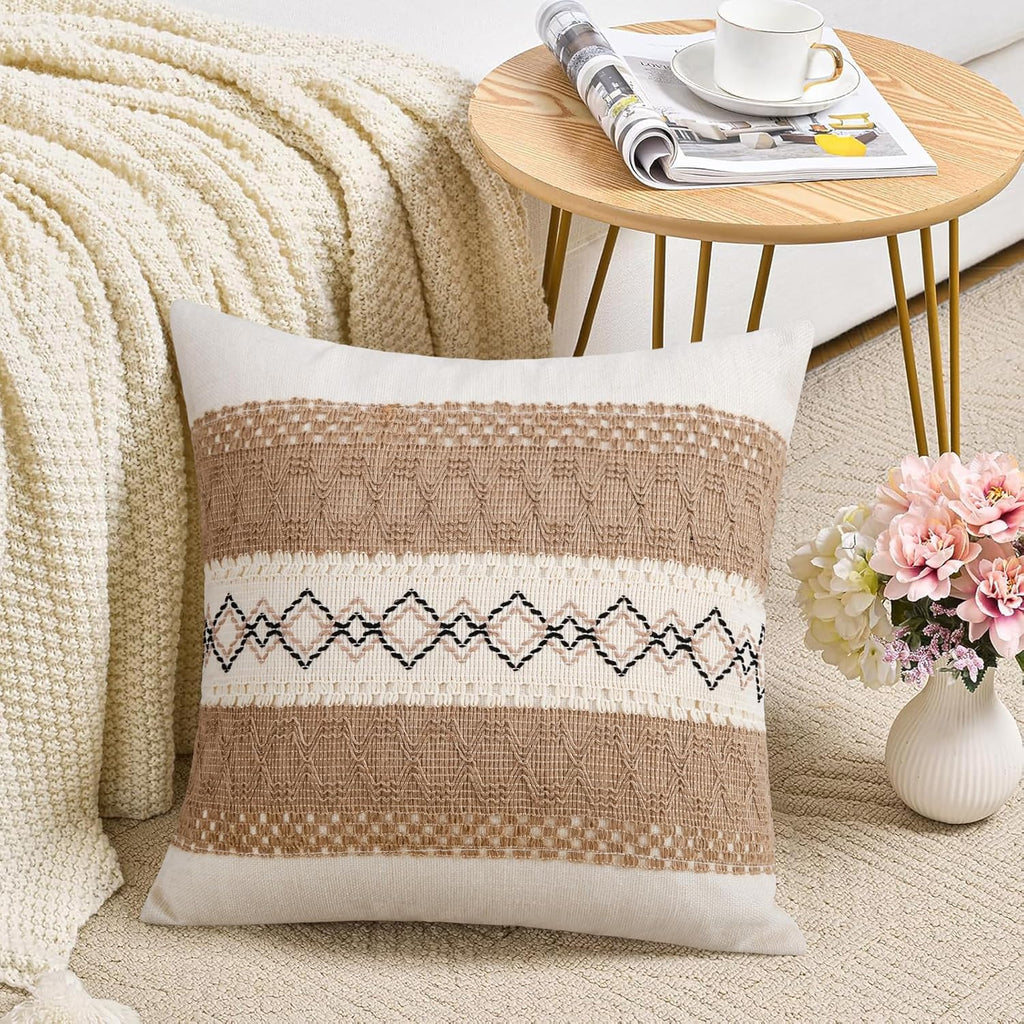 Pyonic Pack of 2 Boho Throw Pillow Covers 18x18 Inch Farmhouse Decorative Throw Pillows for Bed Sofa Living Room,Beige Modern Cushion Cover Couch Pillows Cover Home Decor