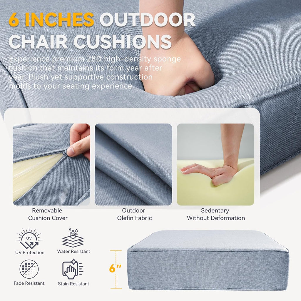 Outdoor Cushion Set for Furniture Patio Furniture, UV Resistant, Water Resistant - 6 Inch Thick Foam Garden Cushions– 24x24 Inch Patio Seat Covers for Chair/Sofa/Couch | Baby Blue | 11-Pack |