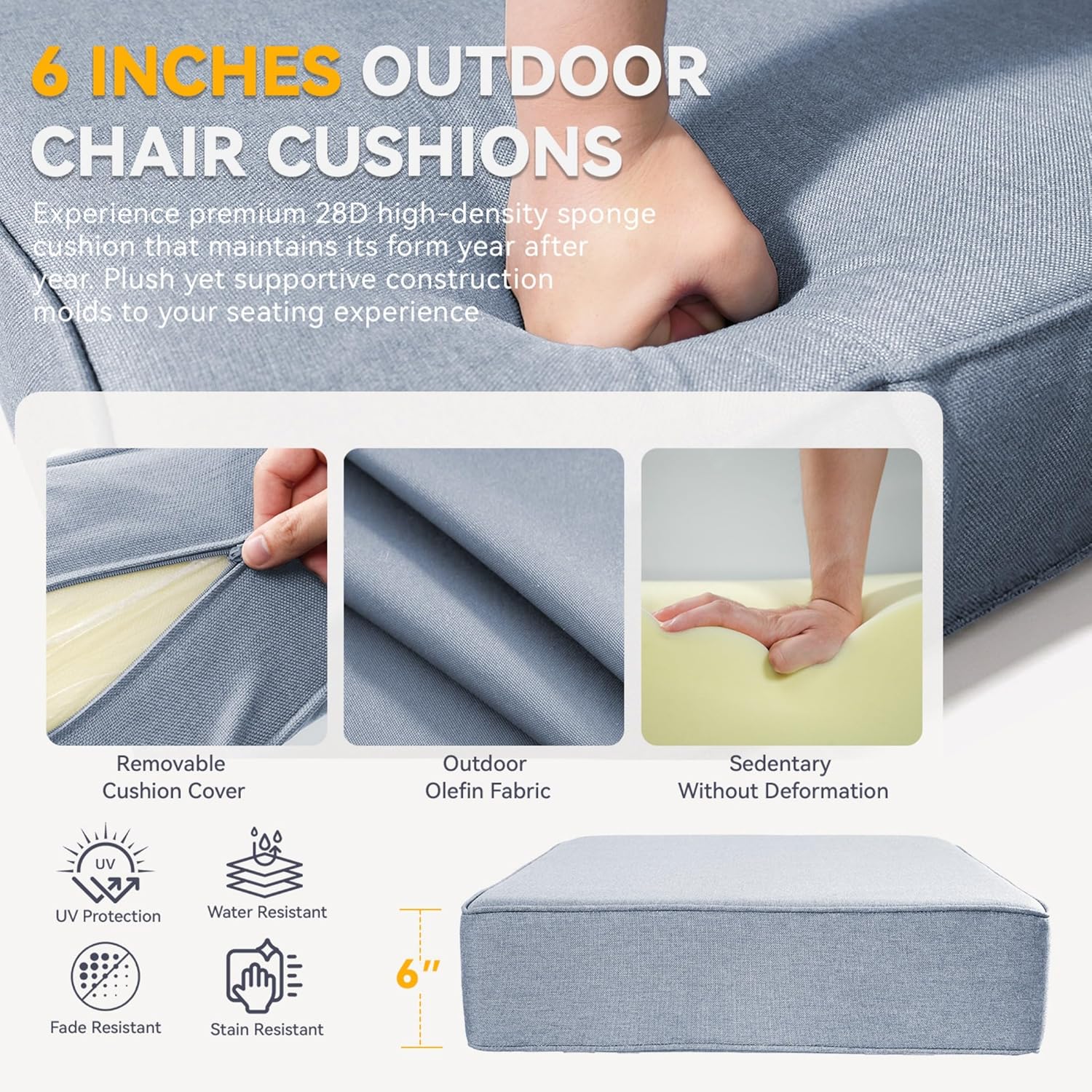 Outdoor Cushion Set for Furniture Patio Furniture, UV Resistant, Water Resistant - 6 Inch Thick Foam Garden Cushions– 24x24 Inch Patio Seat Covers for Chair/Sofa/Couch | Baby Blue | 11-Pack |