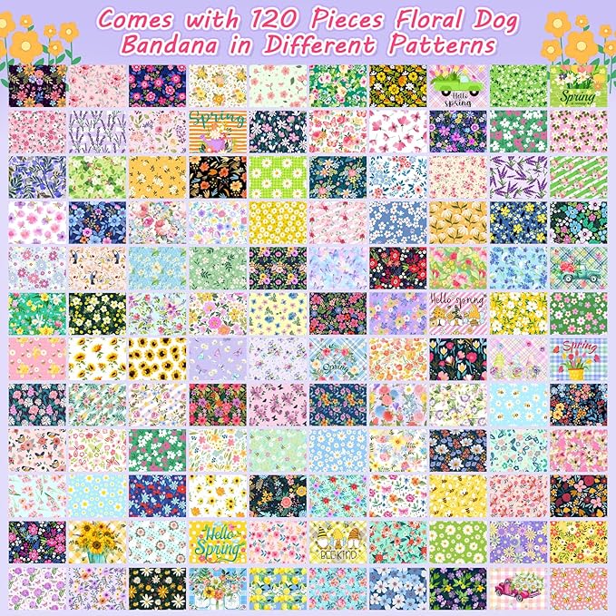120 Pcs Floral Dog Bandanas Bulk Adjustable Floral Puppy Scarves Pet Bandana Washable Flower Puppy Grooming Bandana for mall Medium Large Breed Dog Cat Pet Grooming Accessories