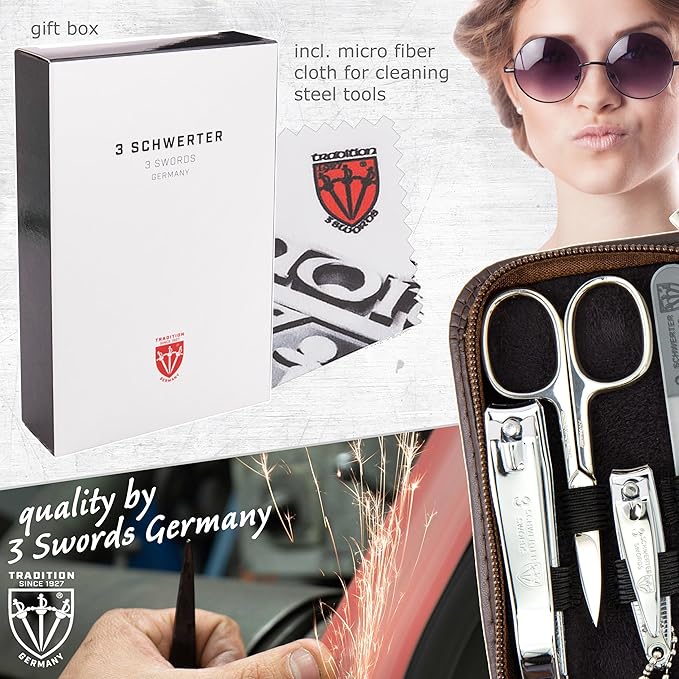 3 Swords Germany - brand quality 8 piece manicure pedicure grooming kit set for professional finger & toe nail care genuine leather case in gift box, Made in Germany