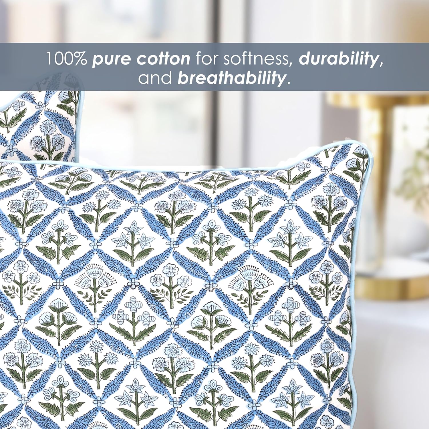 SheetKart Cotton Throw Pillow Covers - Set of 2 - Hand Block Cotton Printed Boho Decorative Pillow Covers - Cushion Covers for Living Room, Bohemian Theme, 17x17 Inches, Floral Blue