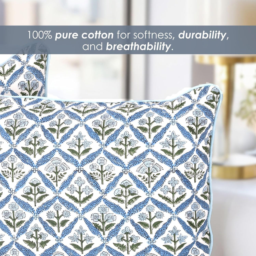 SheetKart Cotton Throw Pillow Covers - Set of 2 - Hand Block Cotton Printed Boho Decorative Pillow Covers - Cushion Covers for Living Room, Bohemian Theme, 20 x 20 Inches, Floral Blue