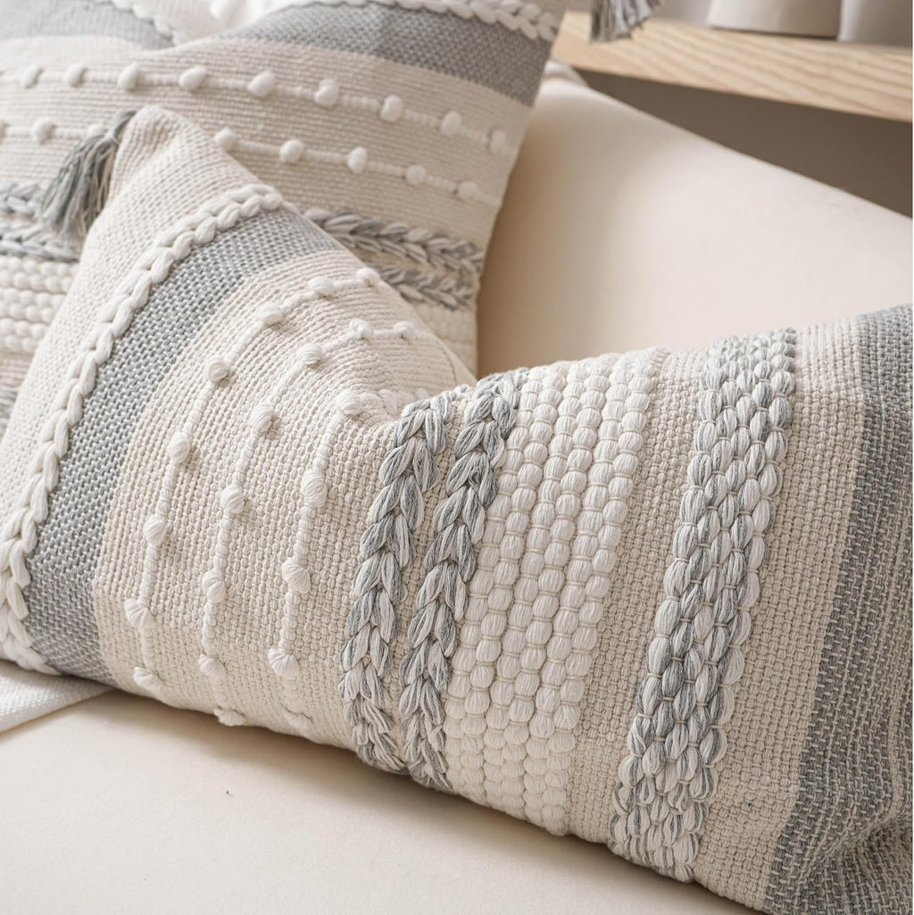 BlissBlush Gray Decorative Lumbar Pillow Cover 14x24, Grey Boho Long Body Pillow for Bed, Farmhouse Lumbar Throw Pillow for Couch, Modern Accent Textured Throw Pillowcase