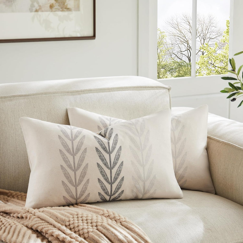 100% Cotton Farmhouse Leaves Lumbar Throw Pillow Covers Set of 2, 12x20 Inch Mixed Grey Pastoral Decorative Print Cushion Covers for Sofa Bed Living Room Home Decor