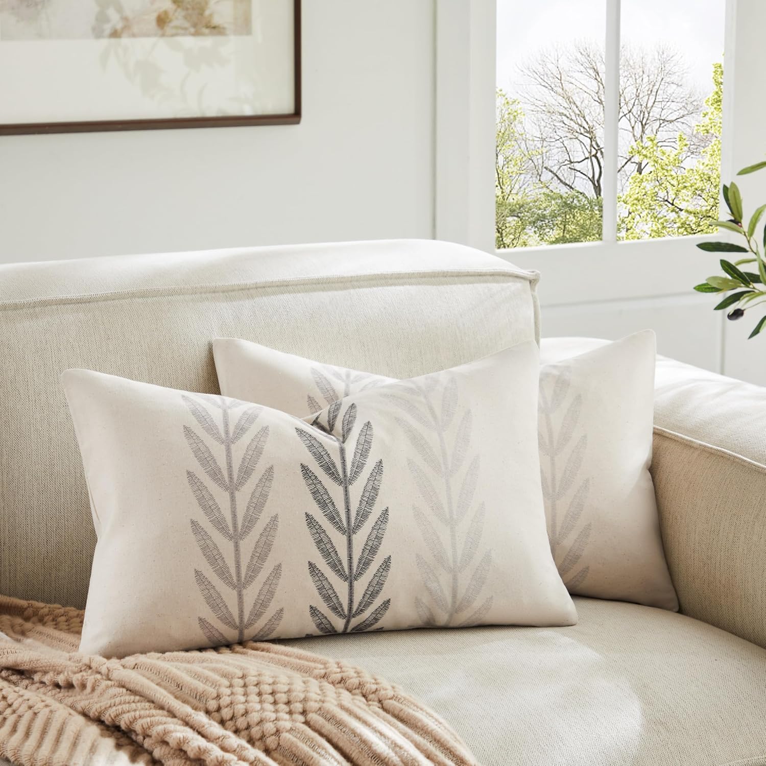 100% Cotton Farmhouse Leaves Lumbar Throw Pillow Covers Set of 2, 12x20 Inch Mixed Grey Pastoral Decorative Print Cushion Covers for Sofa Bed Living Room Home Decor