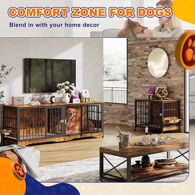 75'' Dog Crate Furniture Large Storage TV Stand with Dual Cushion / 4 Bowls/Double Rooms, Wooden Dog Kennel Dog Crate End Table with Removable Divider for Large Medium Dogs, Rustic Brown
