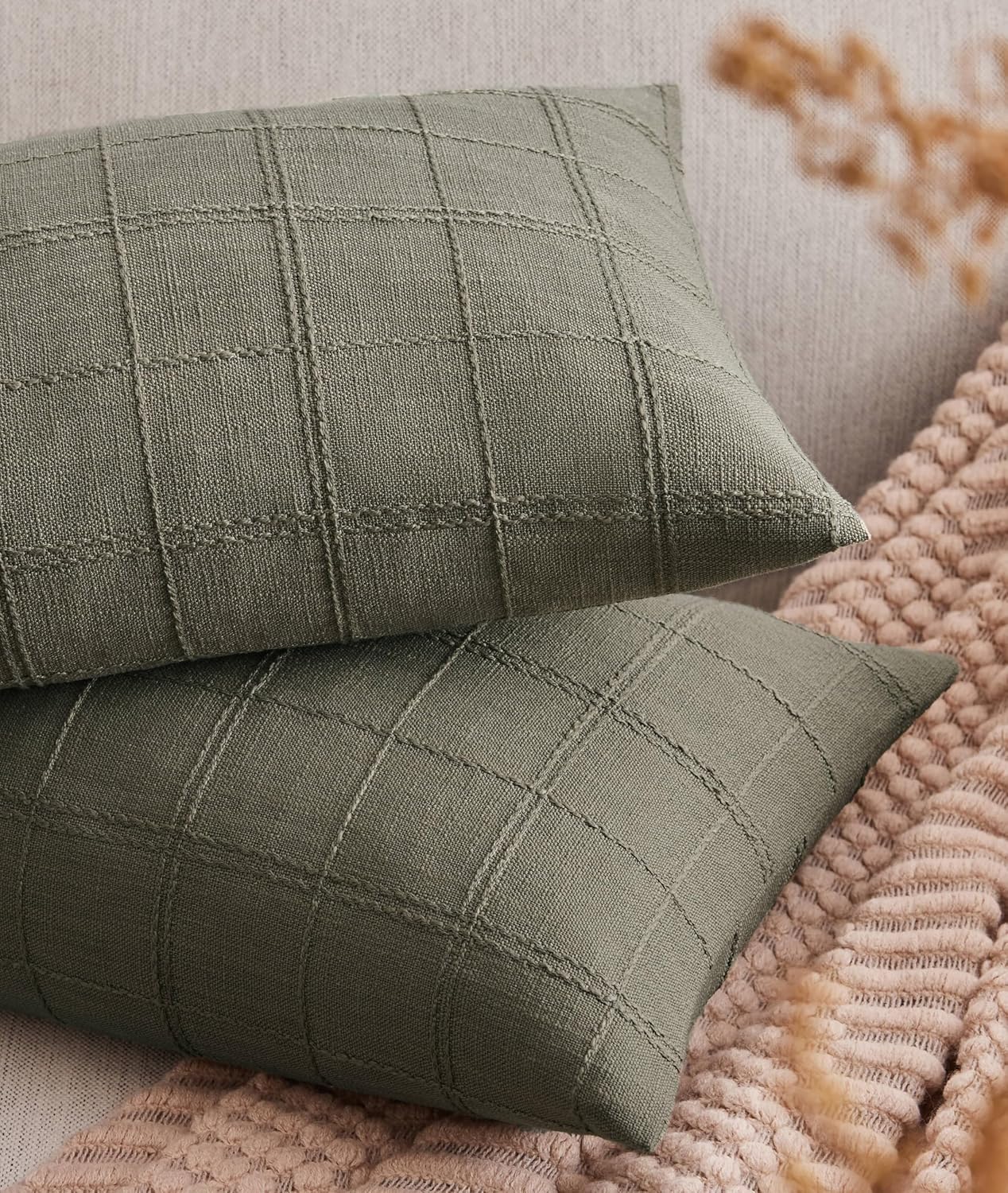 ZeeMart Linen Checked Lumbar Throw Pillow Covers Set of 2, 12x20 Inch Allover Grid Olive, Farmhouse Decorative Double Sided Grid Embroidered Couch Pillow Cases Green Cotton Linen Cushion Covers