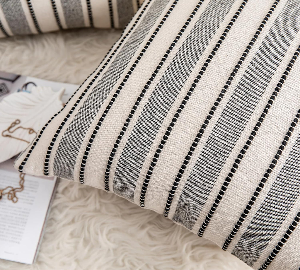 Decorative Boho Throw Pillow Covers, Farmhouse Textured Pillow Case, 22 x 22 Inch Set of 2, Chair Sofa Bedroom Living Room Home Decor Couch Cushion Case, Black and Beige Striped