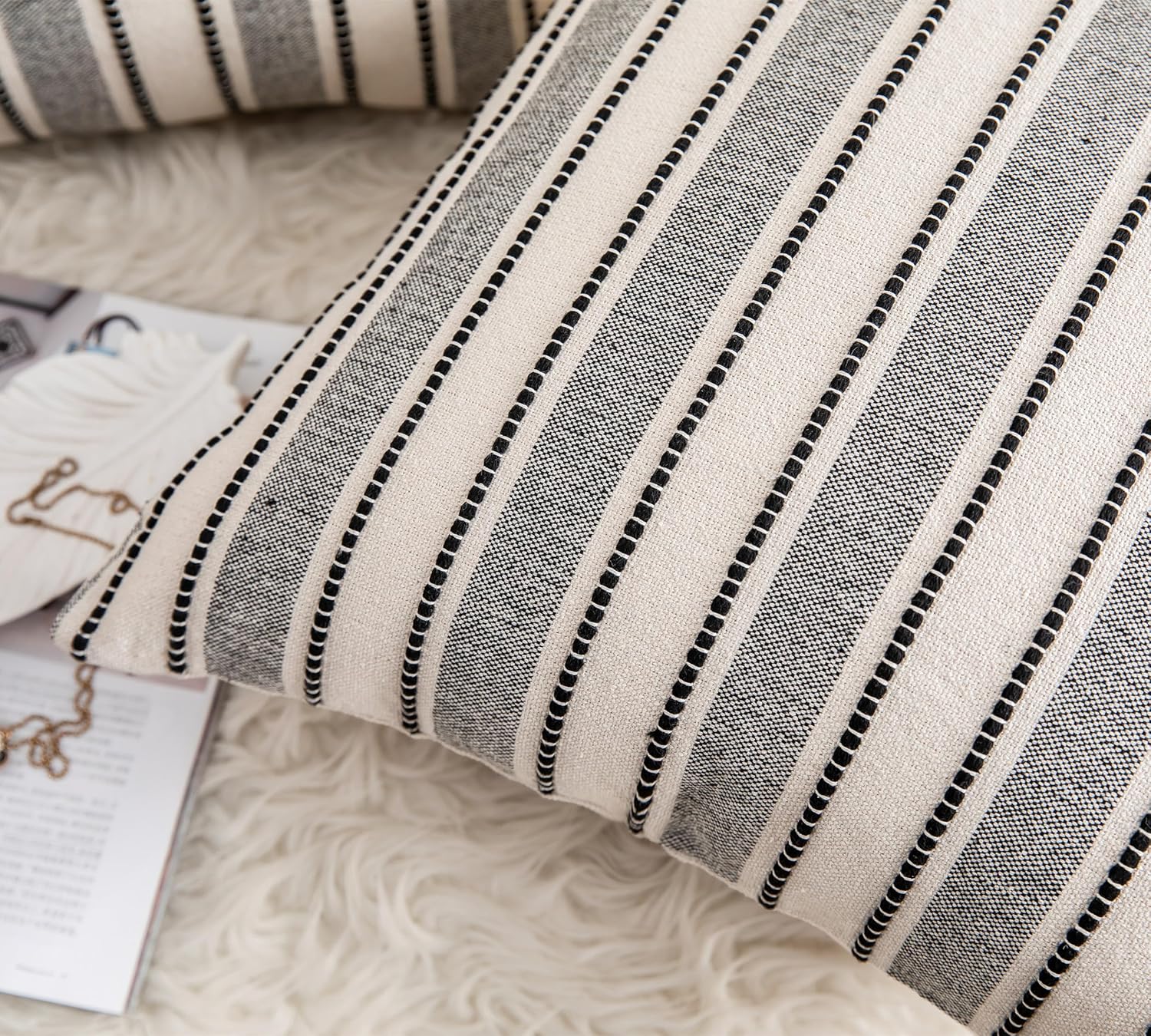 Decorative Boho Throw Pillow Covers, Farmhouse Textured Pillow Case, 22 x 22 Inch Set of 2, Chair Sofa Bedroom Living Room Home Decor Couch Cushion Case, Black and Beige Striped