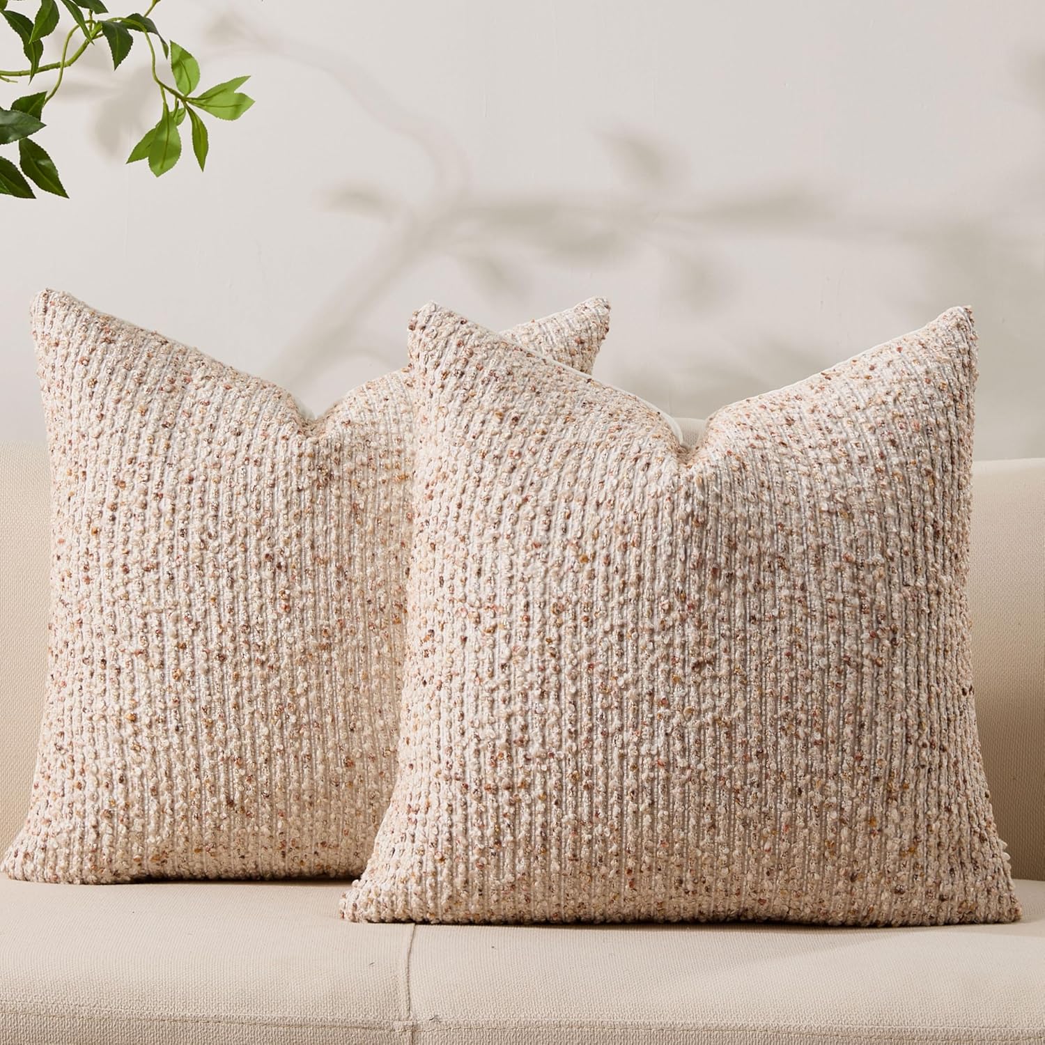 Decorative Couch Throw Pillow Covers 18x18 Set of 2 Beige Striped Soft Wool Pillow Covers Neutral Textured Boho Cushion Covers for Modern Farmhouse Sofa Bedroom Living Room Decor SY012-A18