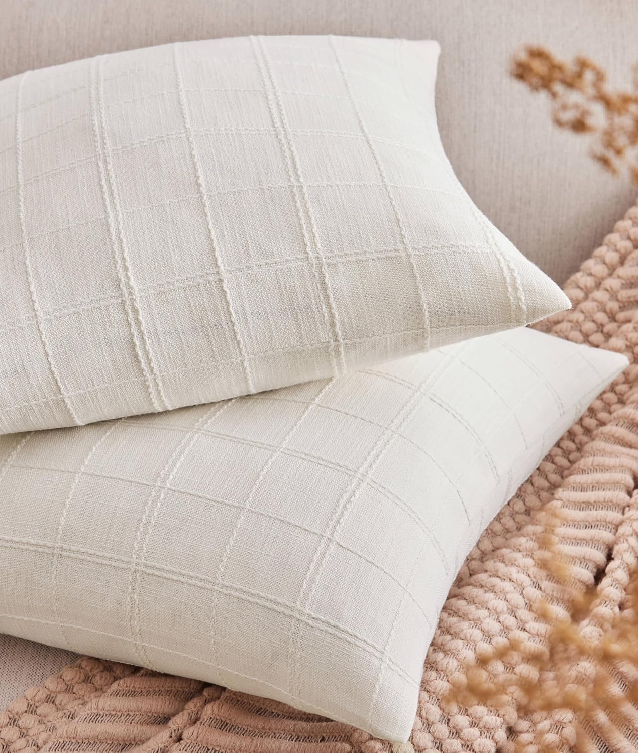 ZeeMart Linen Checked Throw Pillow Covers Set of 2, 18x18 Inch Allover Grid Ivory, Farmhouse Decorative Double Sided Grid Embroidered Couch Pillow Cases Off White Cotton Linen Cushion Covers