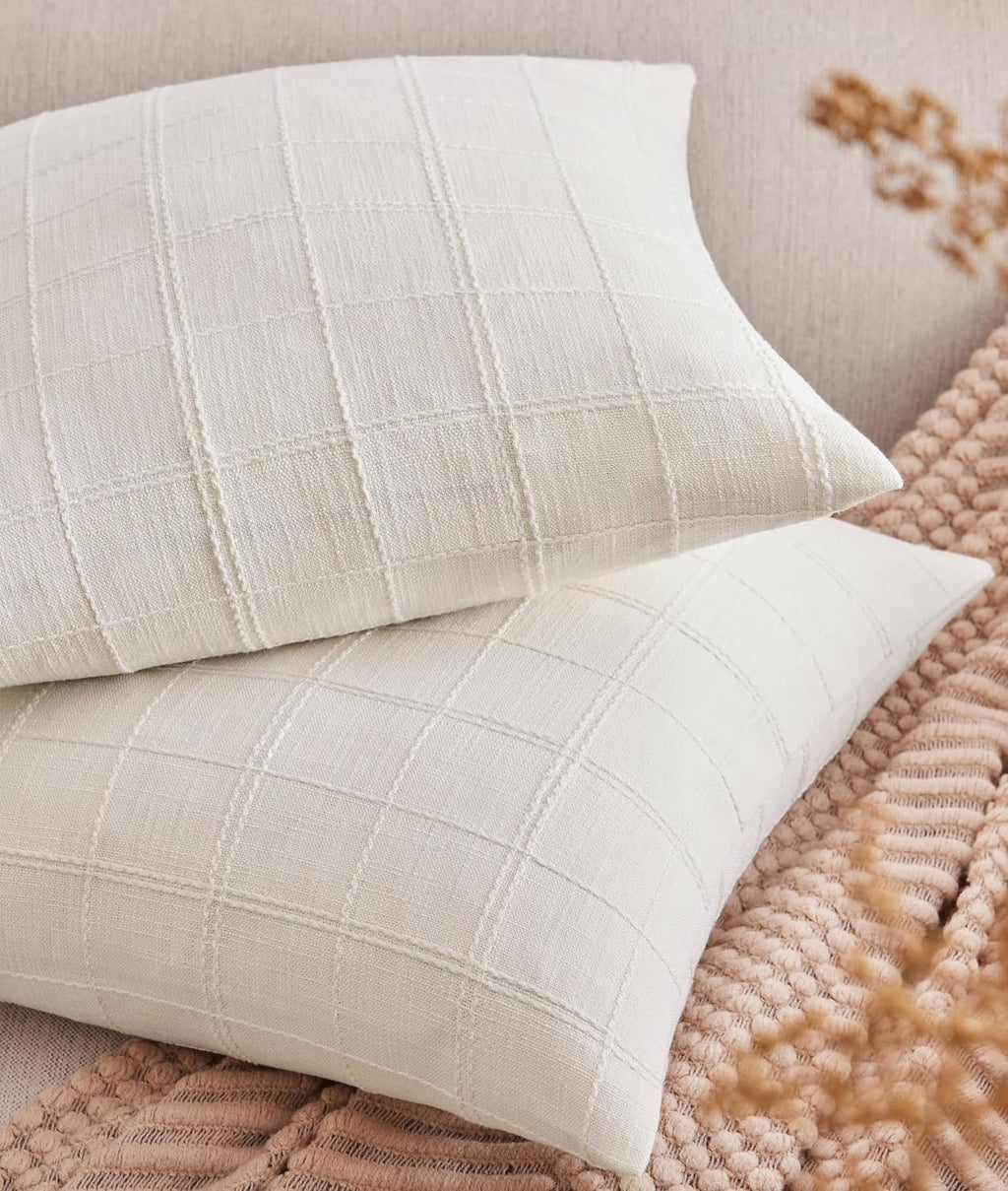 ZeeMart Linen Checked Throw Pillow Covers Set of 2, 20x20 Inch Allover Grid Ivory, Farmhouse Decorative Double Sided Grid Embroidered Couch Pillow Cases Off White Cotton Linen Cushion Covers