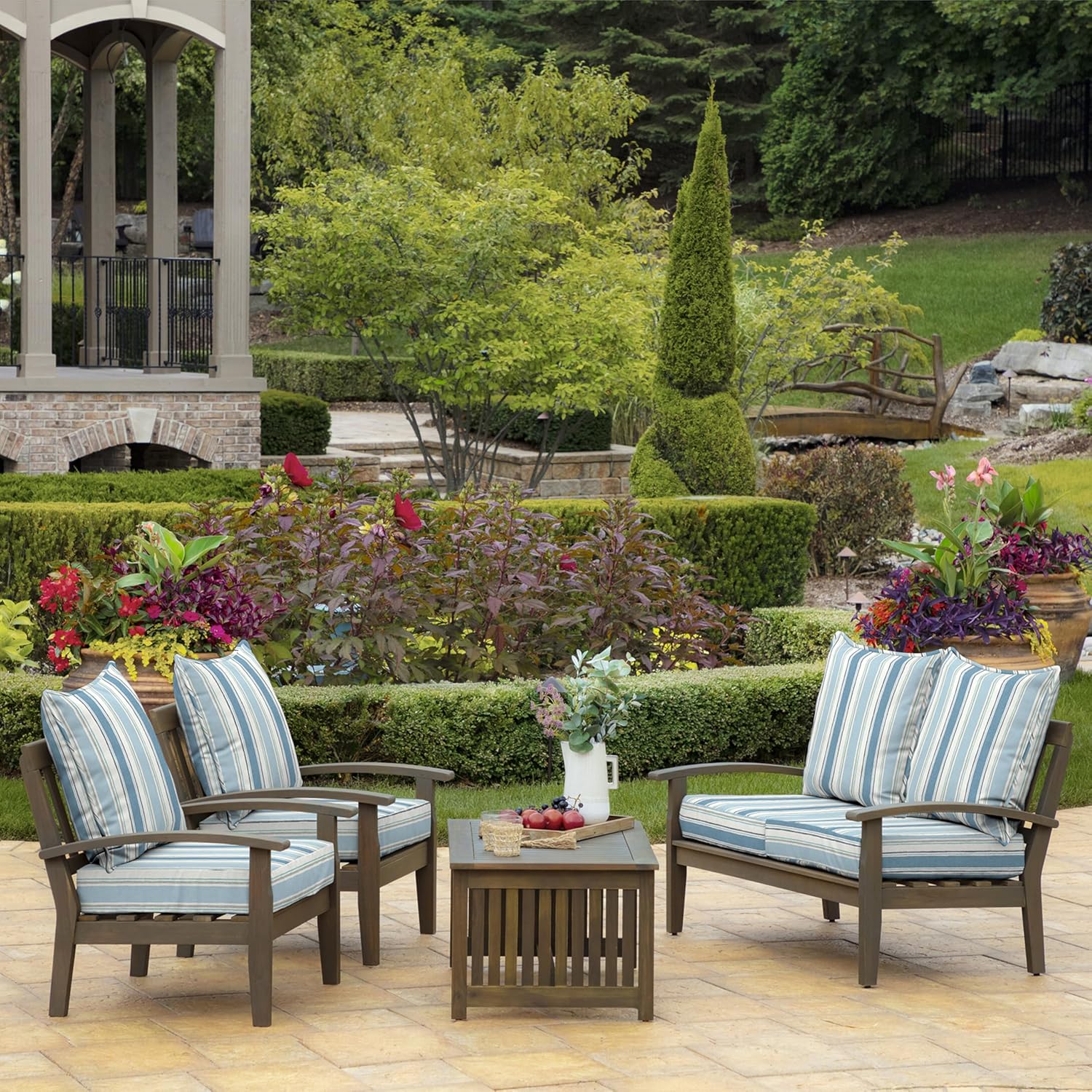 Arden Outdoor Deep Seat Cushion Set, 22 in x 24 in, Weather-Proof, Rain-Proof, Fade Resistant Patio Cushion French Blue Linen Stripe