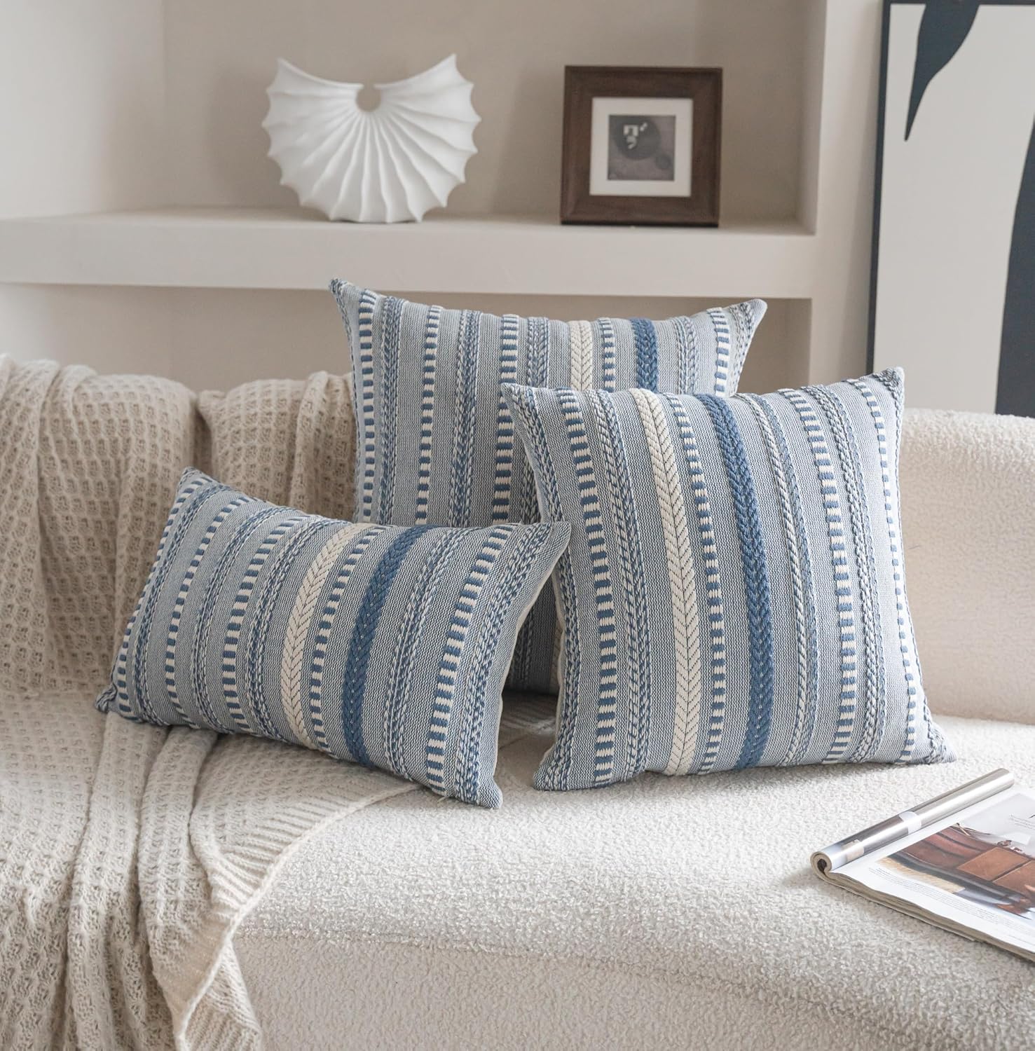 Boho Throw Pillow Covers 12x20 Inch Set of 2, Farmhouse Decorative Couch Pillow Cases, Blue Accent Pillows of Bed, Sofa Bedroom Living Room Home Decor Cushion Cover