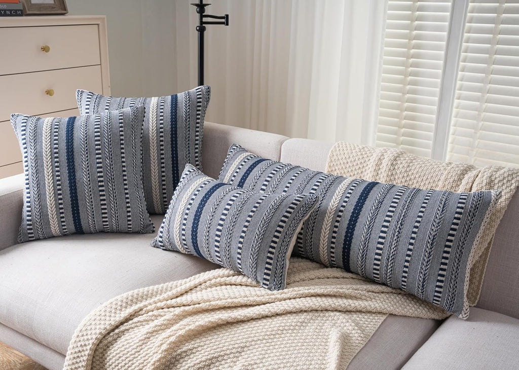 Boho Lumbar Pillow Covers 14x36 Long, Farmhouse Decorative Couch Pillow Cases, Navy Blue Accent Pillows of Bed, Sofa Bedroom Living Room Home Decor Cushion Cover, Pack of 1