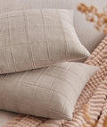 ZeeMart Linen Checked Lumbar Throw Pillow Covers Set of 2, 12x20 Inch Allover Grid Taupe, Farmhouse Decorative Double Sided Grid Embroidered Couch Pillow Cases Taupe Cotton Linen Cushion Covers