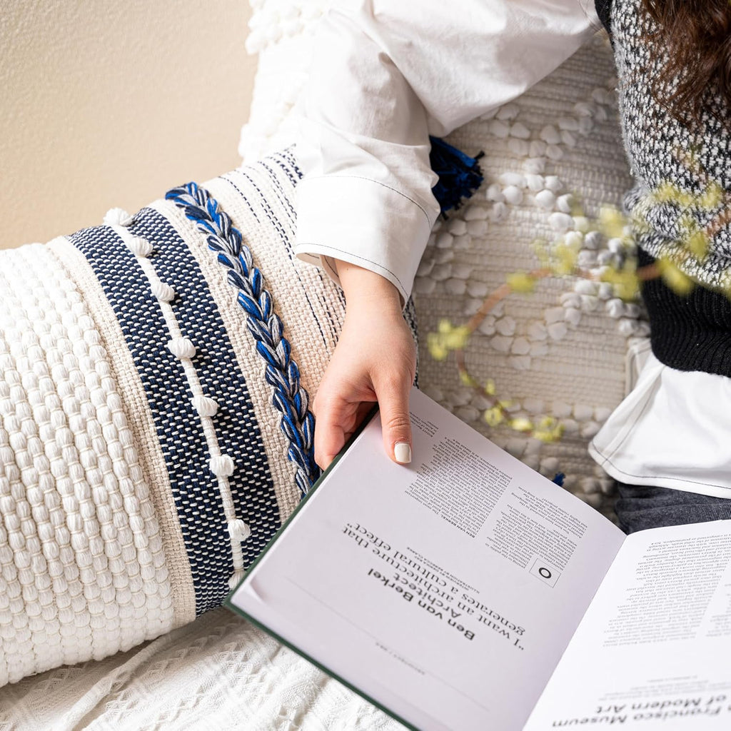 BlissBlush Navy Dark Blue Boho Decorative Lumbar Pillow Cover 14x36, Long Body Pillow for Bed, Accent Lumbar Throw Pillow for Couch, Modern Farmhouse Textured Pillowcase