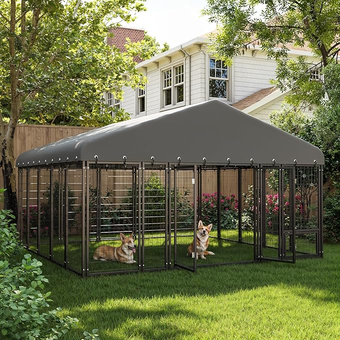 10' x 10' Large Outdoor Dog Kennel with Double Swing Doors, Heavy-Duty Dog Cage with Feeding Panel, Weatherproof Roof, Secure Fence Playpen for Large Dogs, Easy Assembly