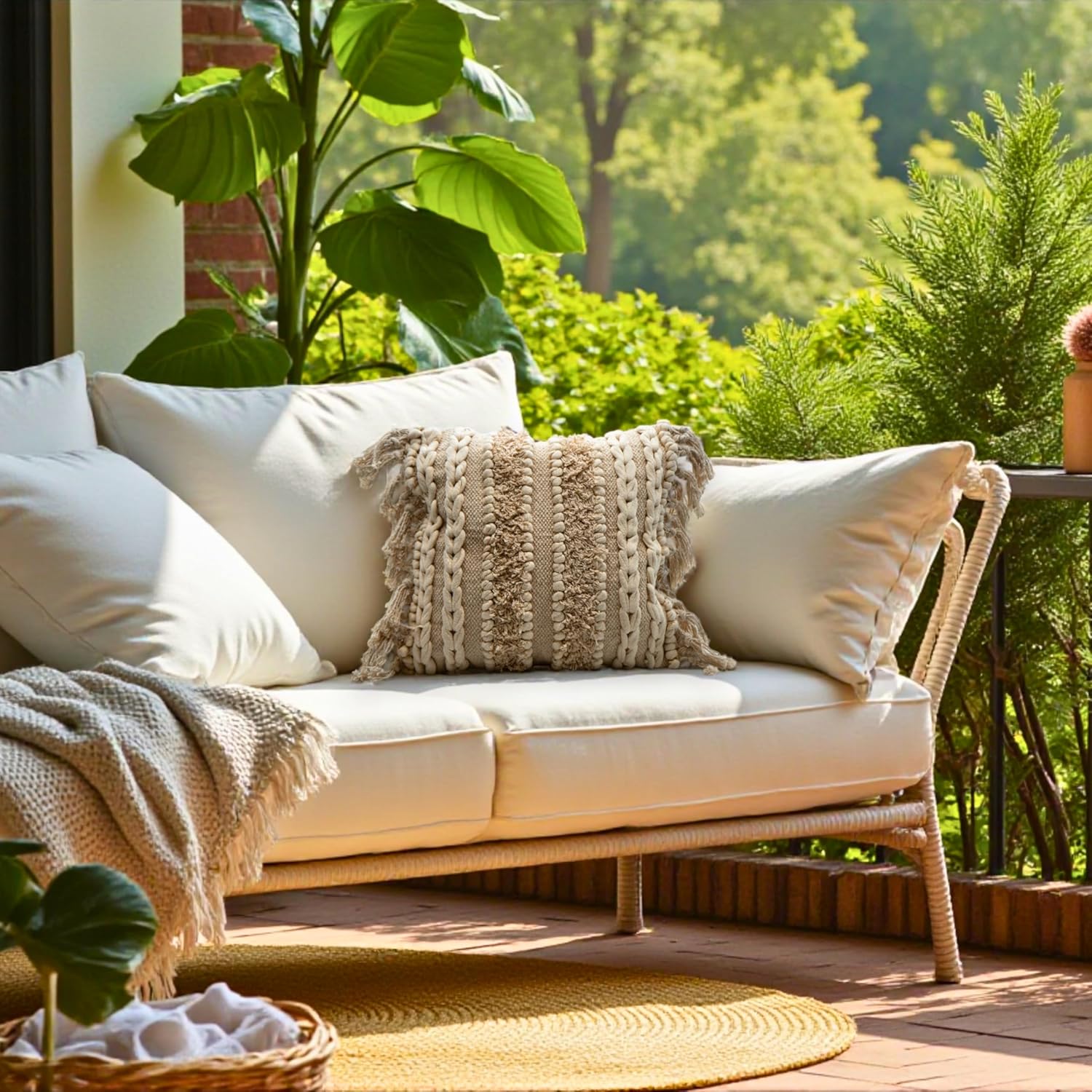 Decorative Boho-Chic Square Pillow Cover 18x18 Handwoven Tufted Braided Cotton Accent Pillows, Neutral Throw Cushion for Couch, Sofa or Bed, Farmhouse & Bohemian Home Decor, Trendy USA Design