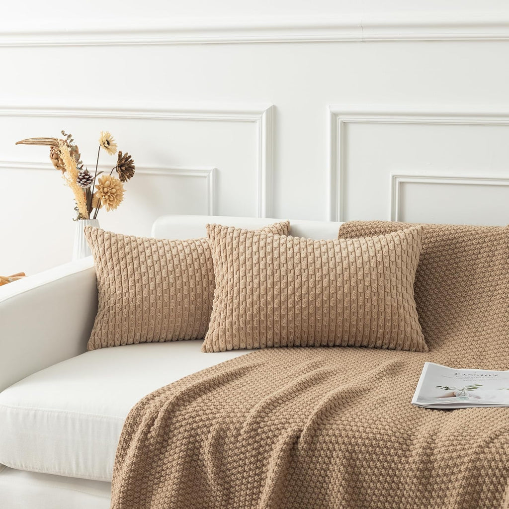 Kevin Textile 14x24 Inch Pillow Cover 1 Pack Boho Decorative Soft Striped Corduroy Lumbar Farmhouse Solid Color Accent Rectangle Cushion Case for Living Room Couch Sofa Bed, Tan