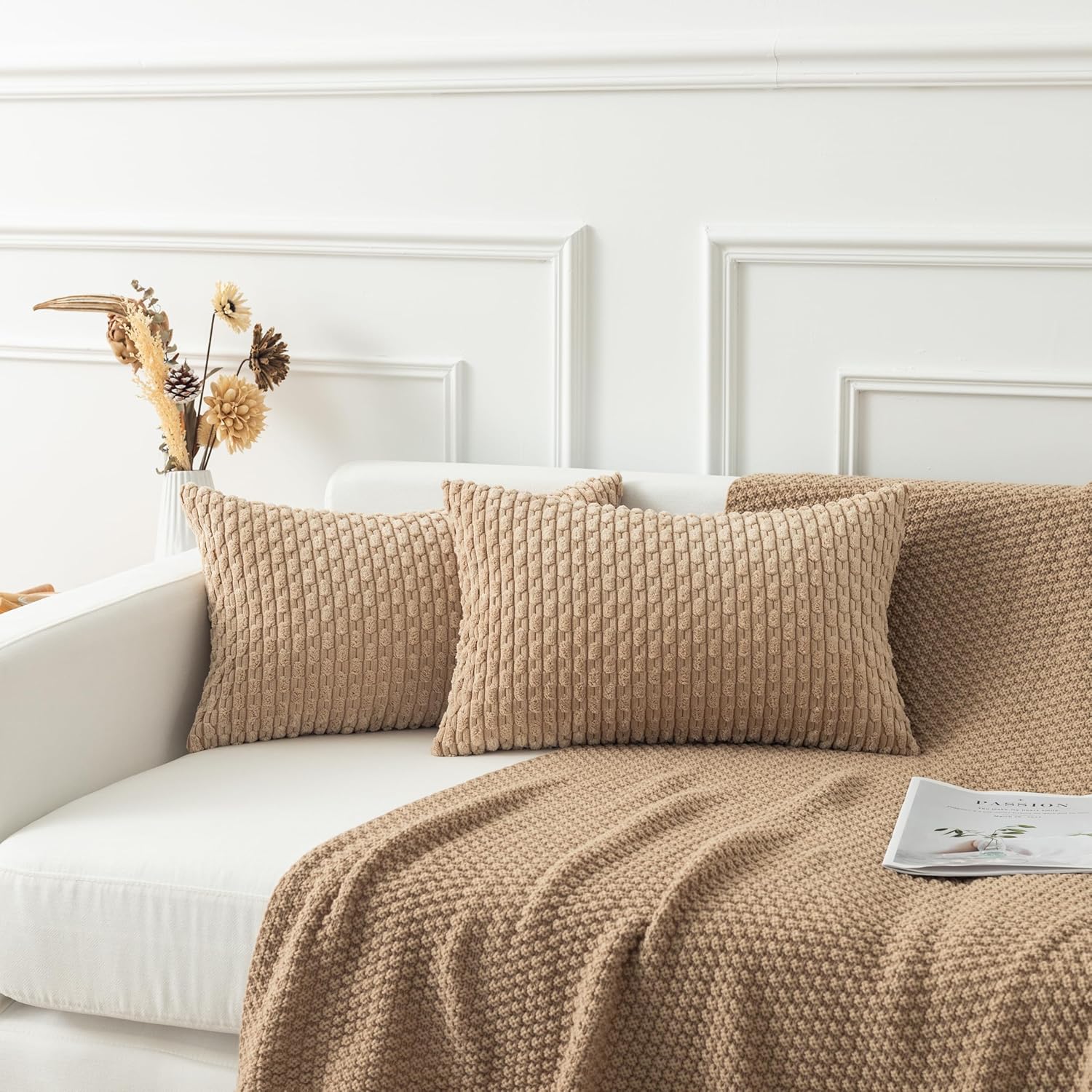 Kevin Textile 14x24 Inch Pillow Cover 1 Pack Boho Decorative Soft Striped Corduroy Lumbar Farmhouse Solid Color Accent Rectangle Cushion Case for Living Room Couch Sofa Bed, Tan