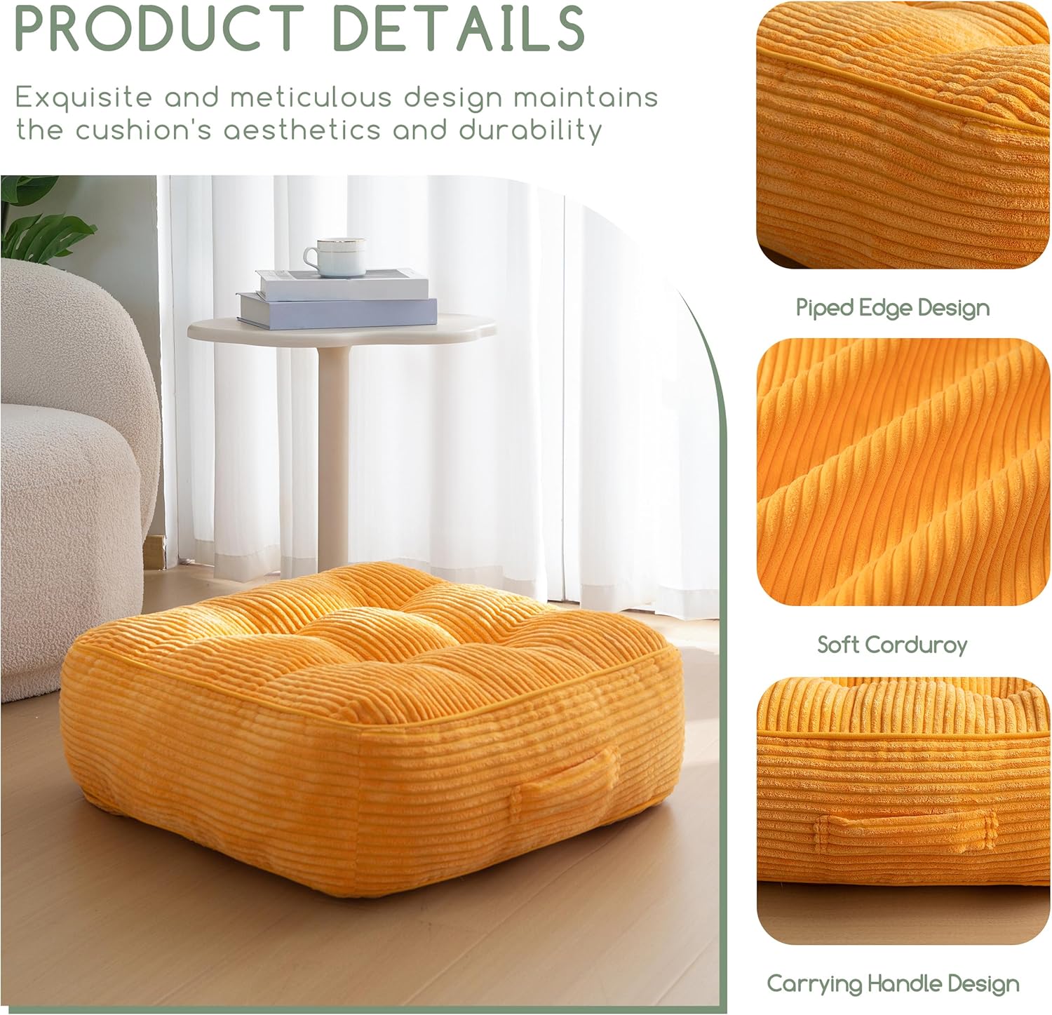 8" Washable Floor Pillow Cushion for Adults, Meditation Cushion Pillow, Large Square Floor Sitting, Removable Tufted Corduroy Cover, for Tatami Living Room or Yoga, 22x22 Inch, Machine Washable