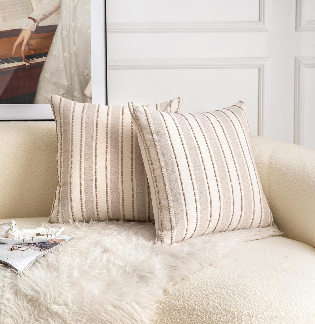 Decorative Boho Throw Pillow Covers, Farmhouse Textured Pillow Case, 20 x 20 Inch Set of 2, Chair Sofa Bedroom Living Room Home Decor Couch Cushion Case, Taupe and Beige Striped