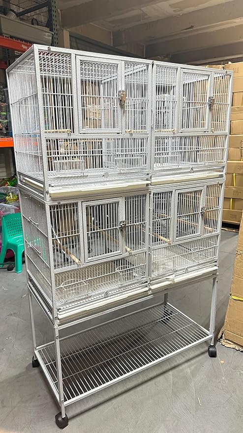Combo Breeding Stacker Center Divided Breeder Bird Flight Double Rolling Cage with Side Breeding Nest Door (White, Double Stack)