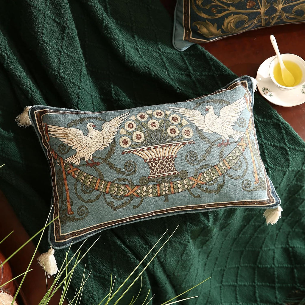 Rectangle Throw Pillow Covers,French Green Farmhouse with White Birds and Flowers Pattern Linen Pillowcases,Decor Lumbar Pillows Cushion Covers for Couch Sofa Bed Chair,12x20 Inches