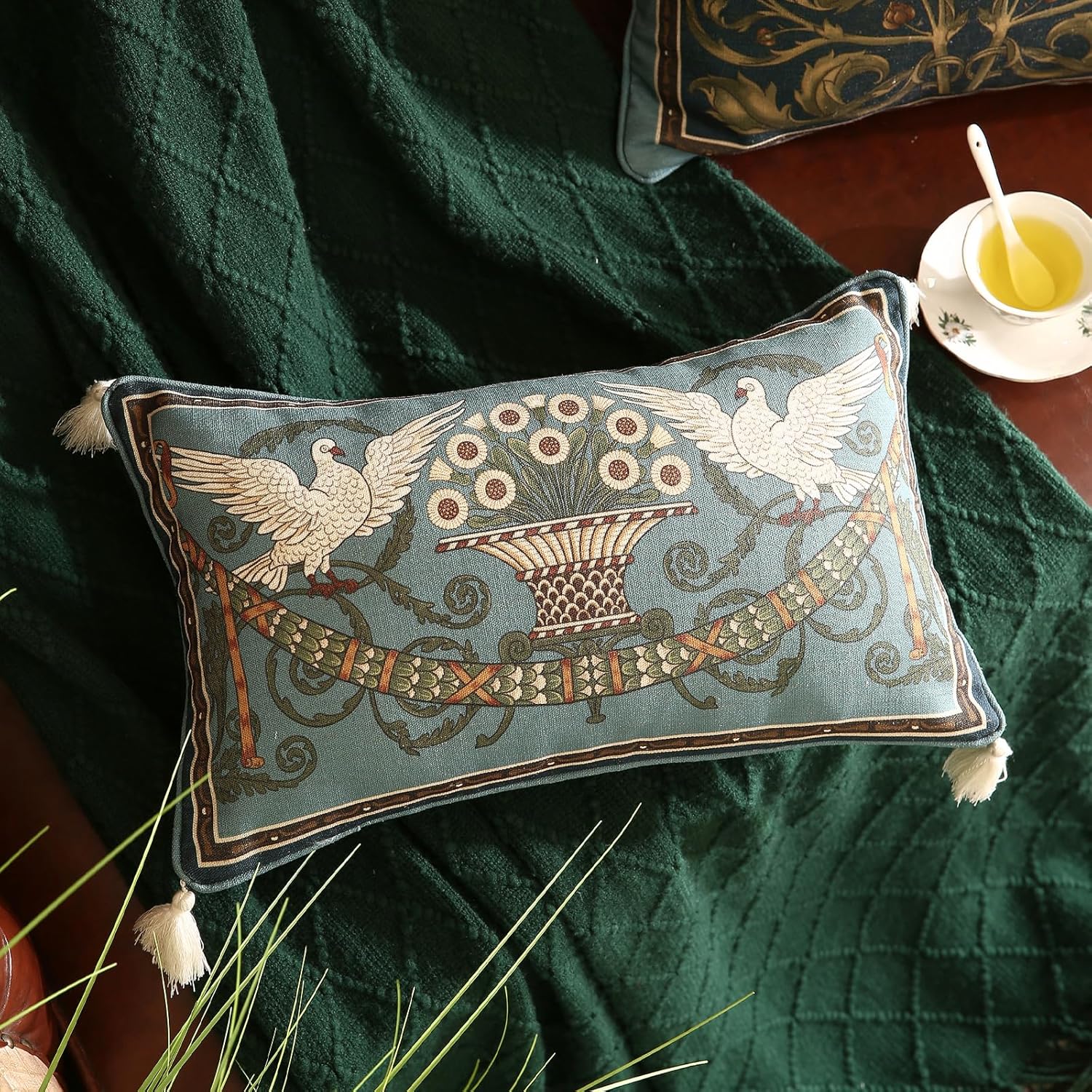 Rectangle Throw Pillow Covers,French Green Farmhouse with White Birds and Flowers Pattern Linen Pillowcases,Decor Lumbar Pillows Cushion Covers for Couch Sofa Bed Chair,12x20 Inches