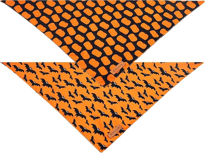 Realeaf Halloween Dog Bandana 2 Pack - Pumpkin Fall Scarf for Boys and Girls, Premium Durable Fabric, Orange Holiday Accessory for Small and Medium Dogs (Small)
