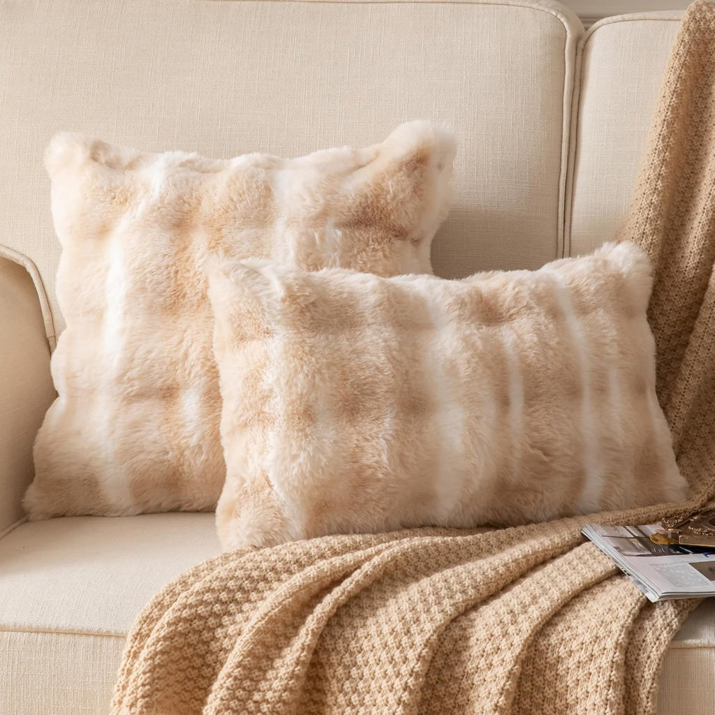 Pack of 2 Thick Plush Throw Pillow Covers Fluffy Wave Faux Fur Decorative Cushion Covers Soft Wool Pillowcase for Sofa Couch Livingroom 12x20 Inch White Beige