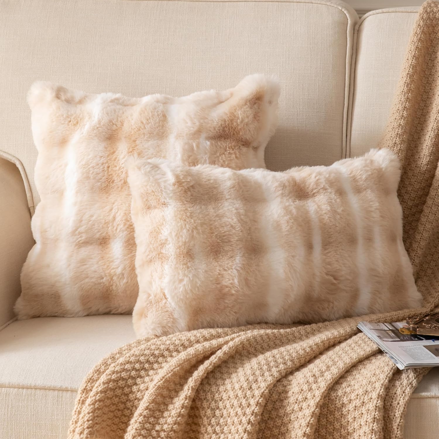 Pack of 2 Thick Plush Throw Pillow Covers Fluffy Wave Faux Fur Decorative Cushion Covers Soft Wool Pillowcase for Sofa Couch Livingroom 12x20 Inch White Beige