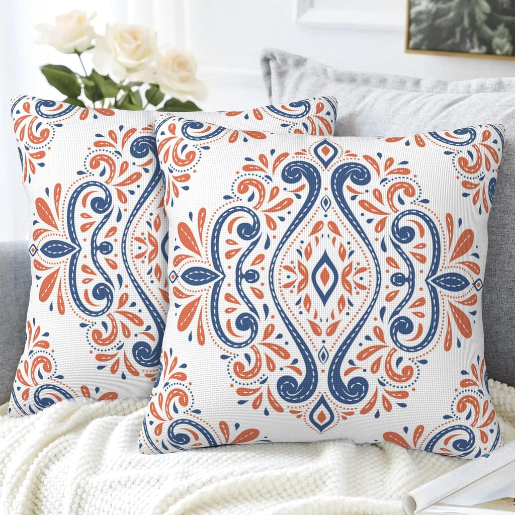 Throw Pillow Covers Blue and Orange Floral Pillow Covers 18x18 Inch Set of 2 Vintage Paisley Throw Pillows Decorative Pillow Cases Cushion Covers for Bedroom Livingroom Sofa Farm House