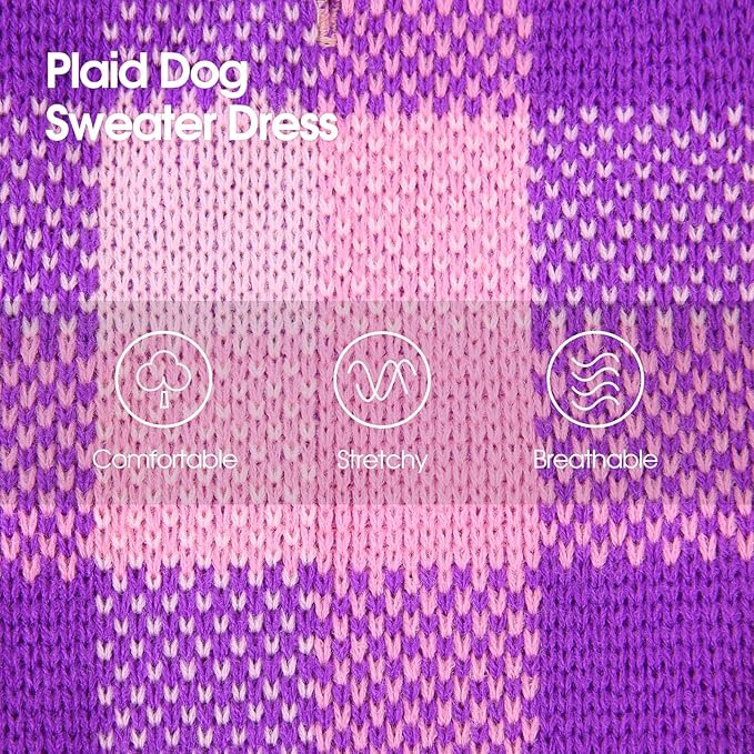 Dog Sweater Dress Plaid Knitwear for Small Medium Dogs Warm Puppy Pet Turtleneck Stretch Pullover Cute Fall Winter Vest Clothes with Leash Hole for Christmas (Purple, L)
